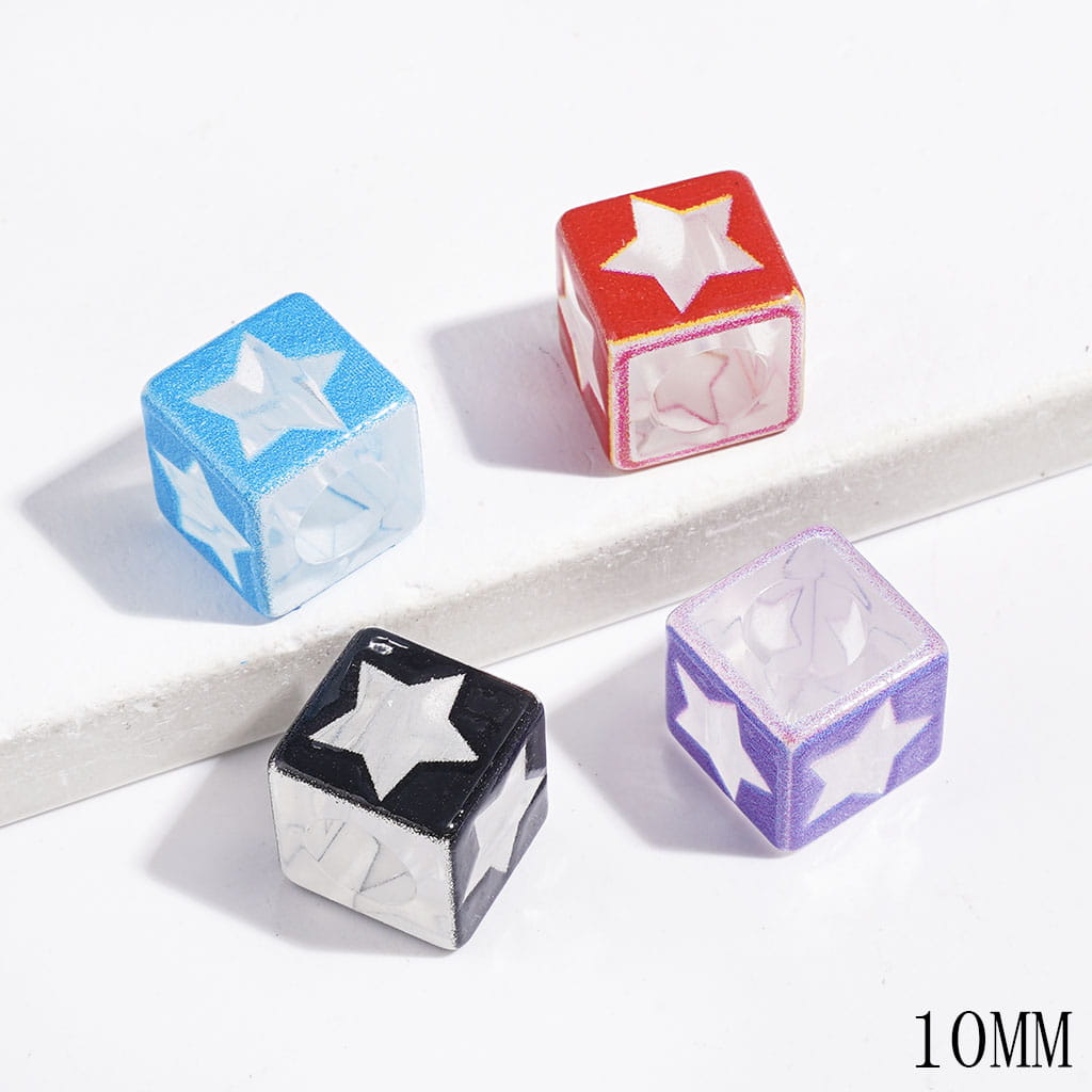 Adorable Star Patterns Clear Cube-Shaped Acrylic Beads, Big Hole Beads,10MM, Random Mix (The Hole Diameter is 6MM)