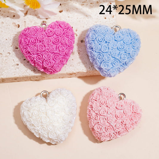 Rose Flower Valentine’s Day Theme Multi-Color Heart Shape Acrylic Bead Pendant & Charms 24*25mm Random Mix