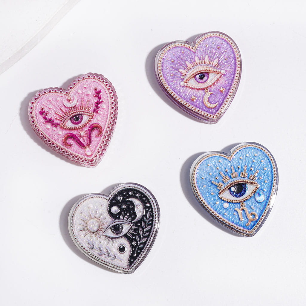 Mystical Evil Eye Patterns on Flat Heart-Shaped Semi-Clear Acrylic Beads, Random Mix