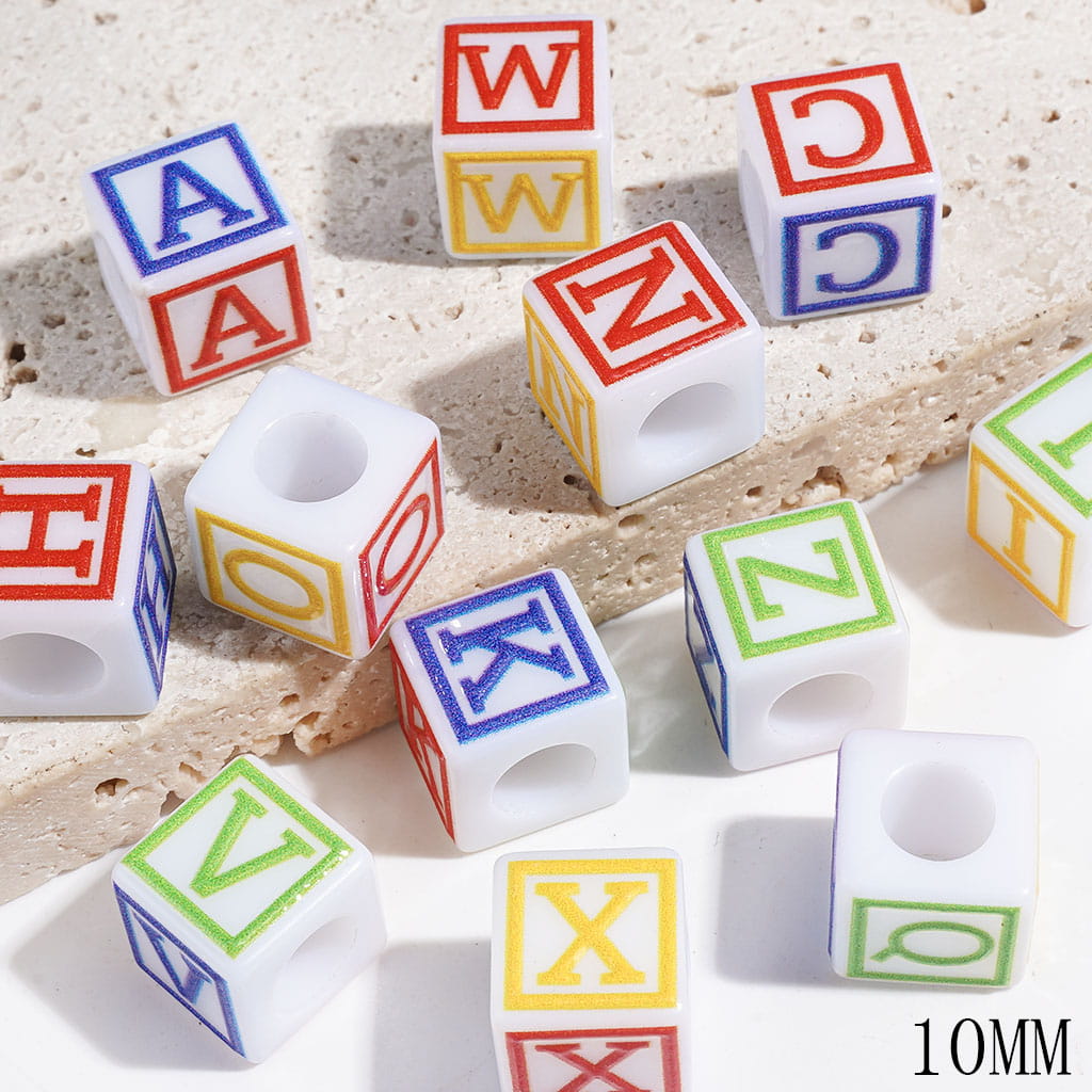 Colorful ALL Alphabet Letter Cube Acrylic Beads, 10MM, Big Hole Beads, Random Mix (The Hole Diameter is 6MM)