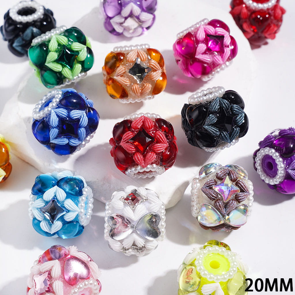 Handmade Acrylic Beads with Frosted Heart, Star and Heart Rhinestone, White Pearl Chains, 20MM Multi-Color Random Mix