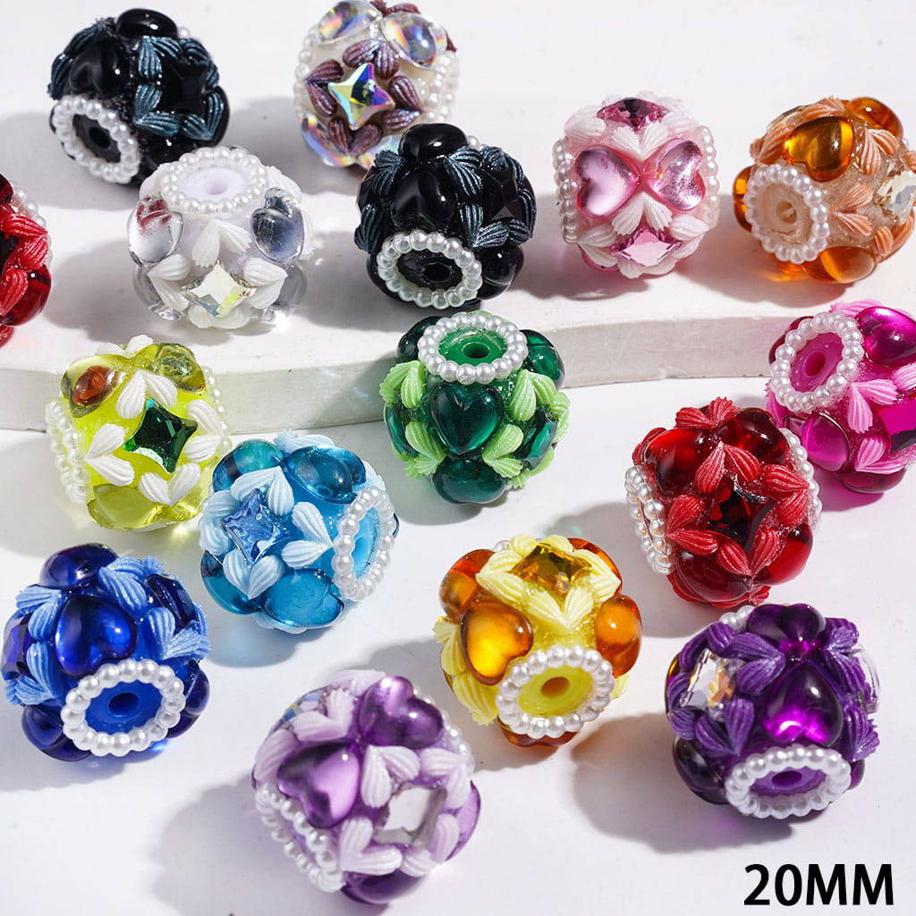 Handmade Acrylic Beads with Frosted Heart, Star and Heart Rhinestone, White Pearl Chains, 20MM Multi-Color Random Mix