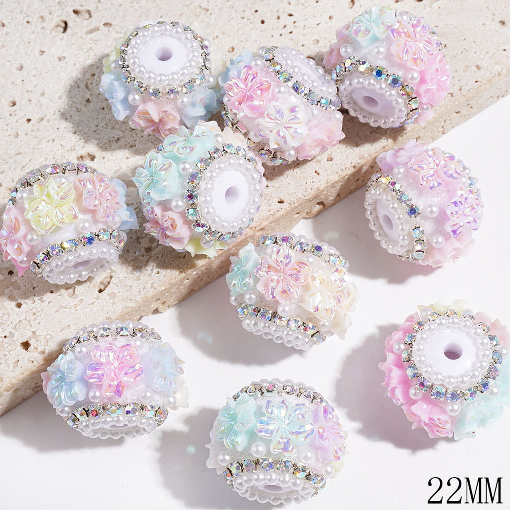 UV Finish Adorable Flowers with White Pearls, Sparkling AB Rhinestone & White Pearl Chains Handmade Acrylic Beads, 22MM
