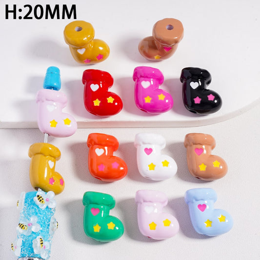 Mini Colorful Christmas Socks with Colorful Hearts & Gifts Print Acrylic Beads Height 20mm Random Mix