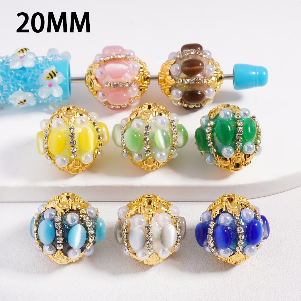 Gold Alloy Flower Cat Eye Style Oval Shape White Pearls & Clear Rhinestones Chain, Multi-Color Round Acrylic Beads Random Mix, 20MM