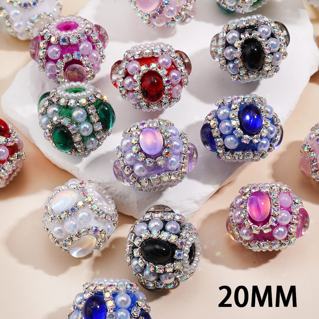 UV Coating, Elliptical Rhinestone, Half-Shell White Pearl & AB Rhinestones, Handcrafted Acrylic Beads 20MM