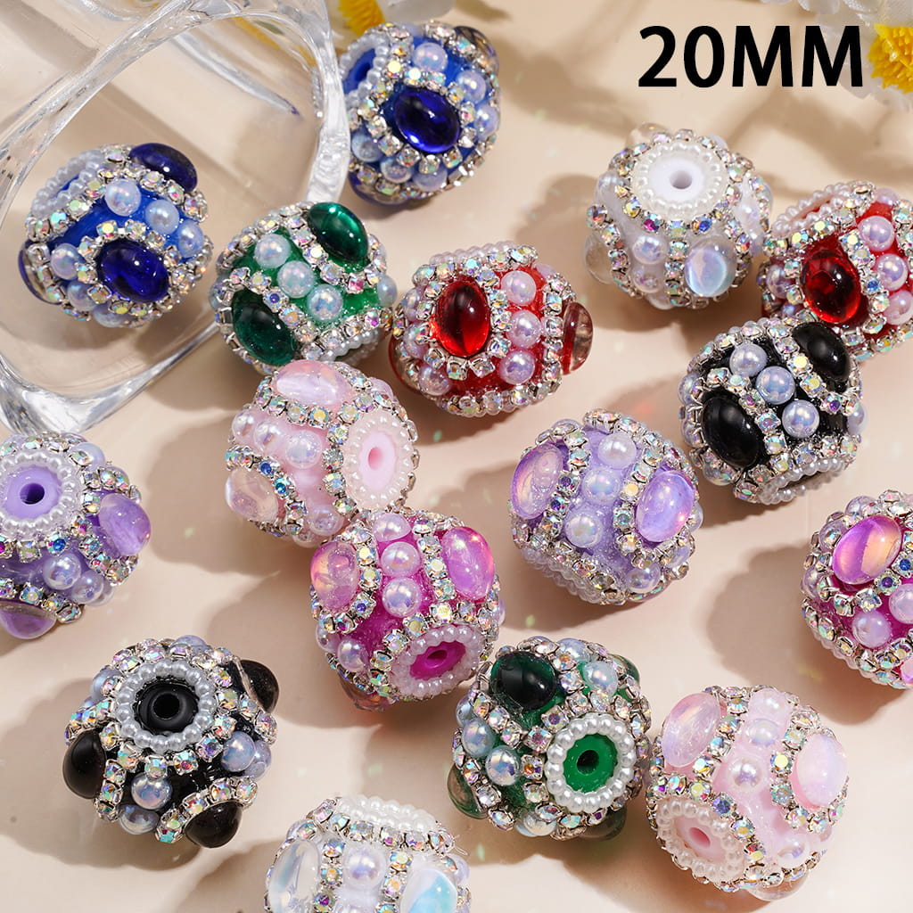 UV Coating, Elliptical Rhinestone, Half-Shell White Pearl & AB Rhinestones, Handcrafted Acrylic Beads 20MM