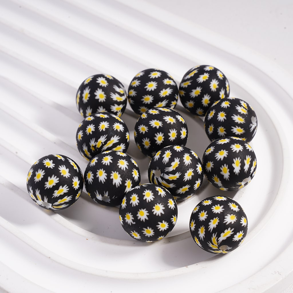 Cute Mini Daisy Flower Design Printed Black Round Silicone Beads 15MM, Black, Z-00307