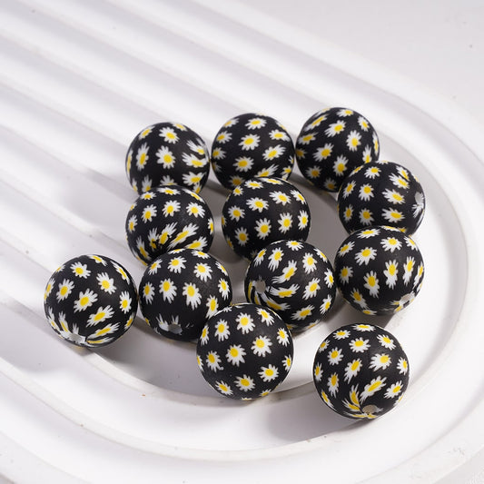 Cute Mini Daisy Flower Design Printed Black Round Silicone Beads 15MM, Black, Z-00307