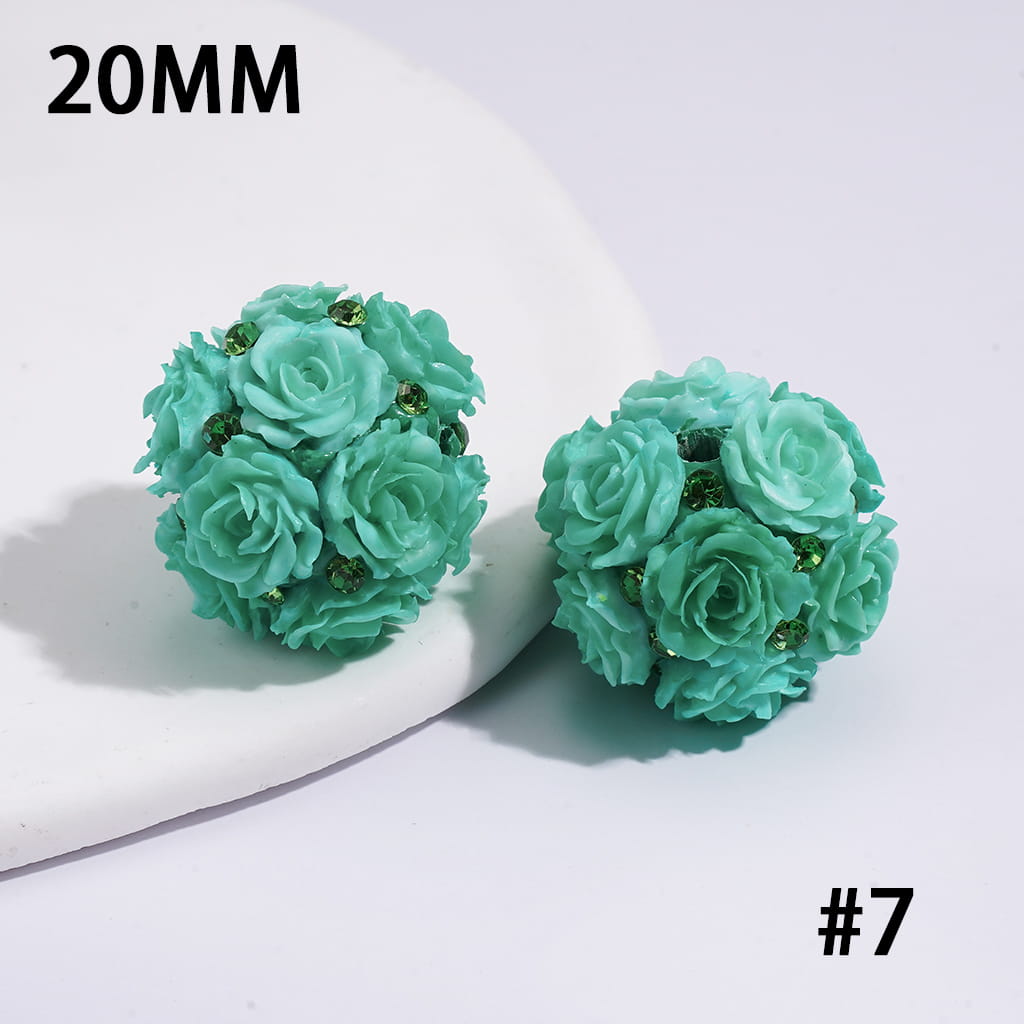Clay Beads with Luminous Rose Flowers and Rhinestones, 20MM, Fluorescent Colors
