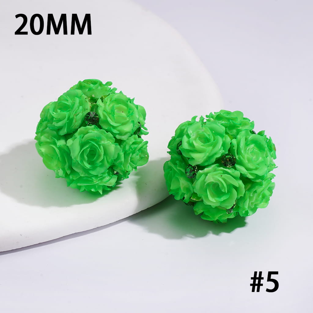Clay Beads with Luminous Rose Flowers and Rhinestones, 20MM, Fluorescent Colors