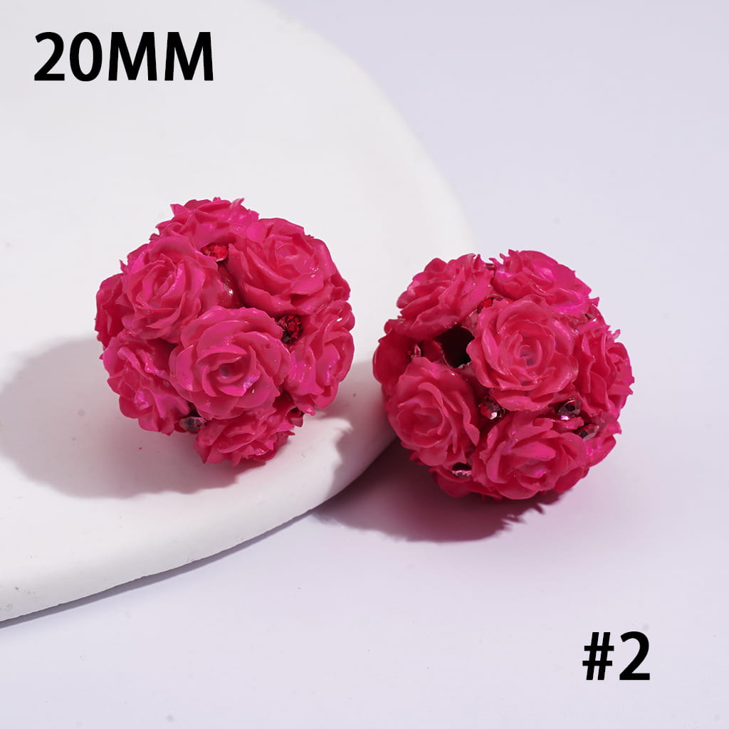 Clay Beads with Luminous Rose Flowers and Rhinestones, 20MM, Fluorescent Colors