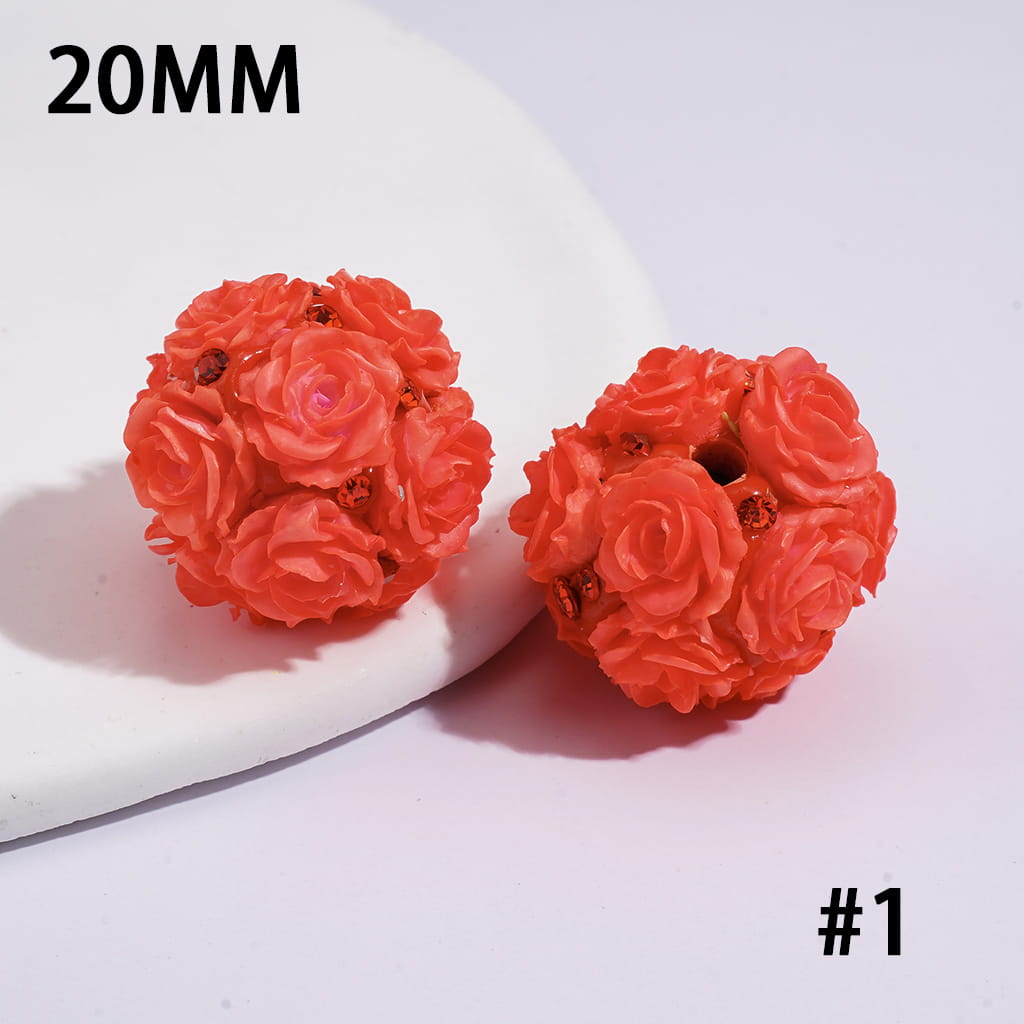 Clay Beads with Luminous Rose Flowers and Rhinestones, 20MM, Fluorescent Colors
