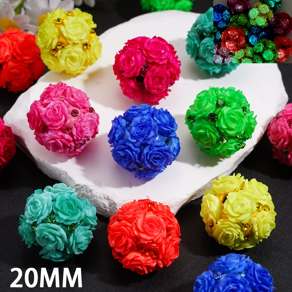 Clay Beads with Luminous Rose Flowers and Rhinestones, 20MM, Fluorescent Colors