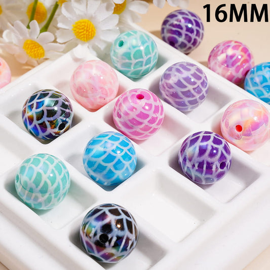 UV Coated Fish Scale Texture Round Shape Acrylic Beads for Bracelets 16MM Random Mix