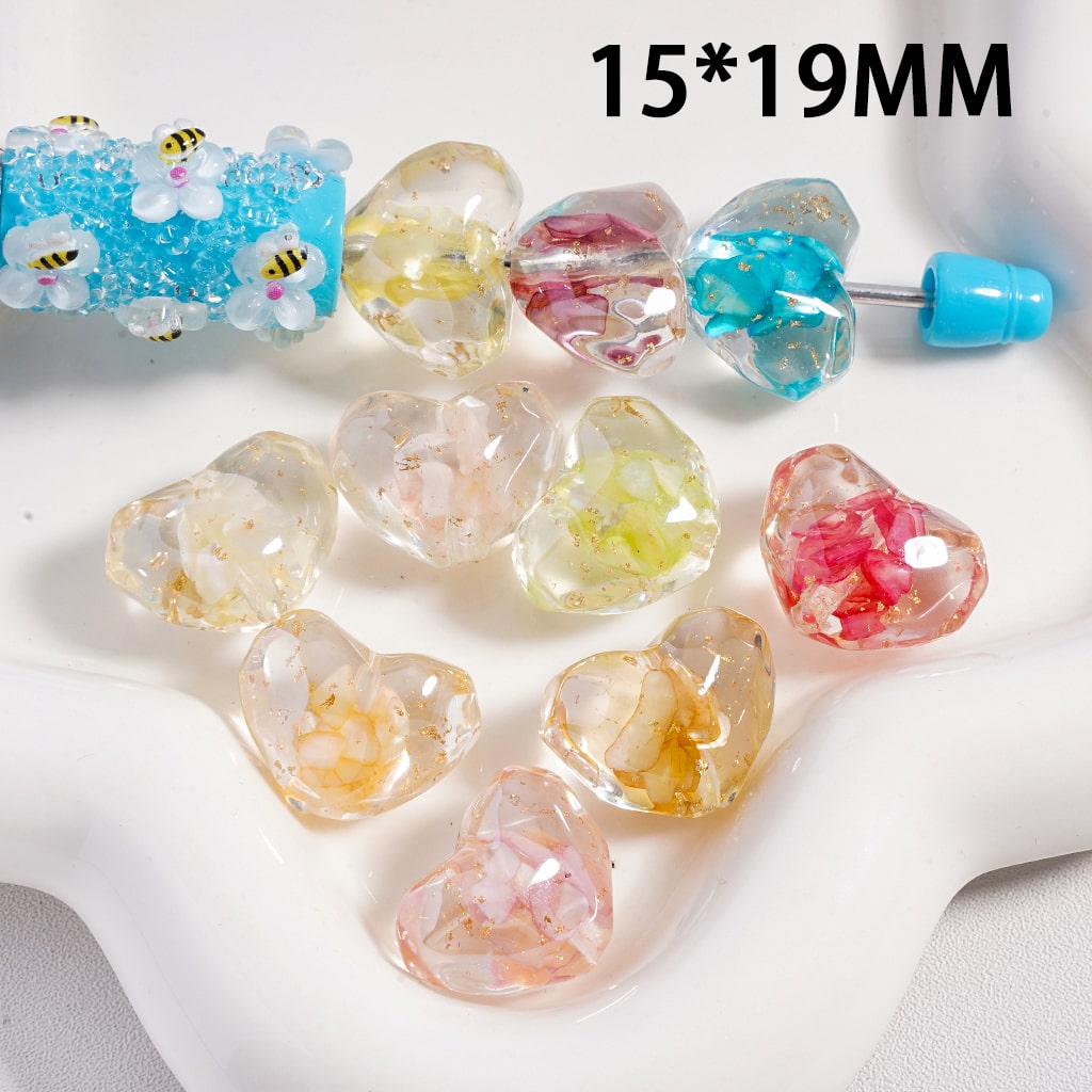 Transparent Resin Shiny Heart with Dried Flowers & Gold Foil Acrylic Beads 15*19MM