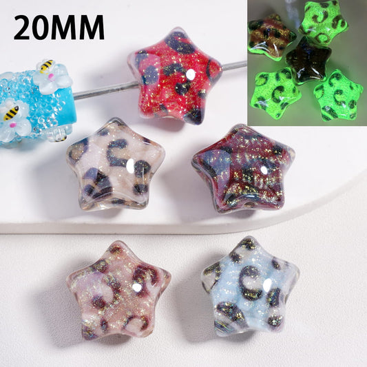 Luminous Leopard & Gold Glitter Star Acrylic Beads 20MM Random Mix