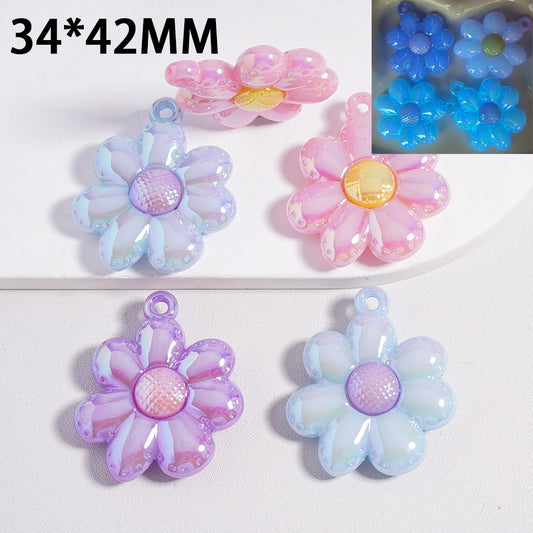 Luminous Cream Color Flat Flowers Multi‑Color Acrylic Pendants  and Chram Random Mix 34*42MM