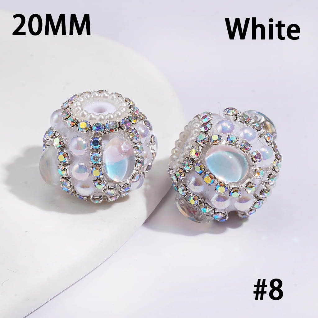 UV Coating, Elliptical Rhinestone, Half-Shell White Pearl & AB Rhinestones, Handcrafted Acrylic Beads 20MM