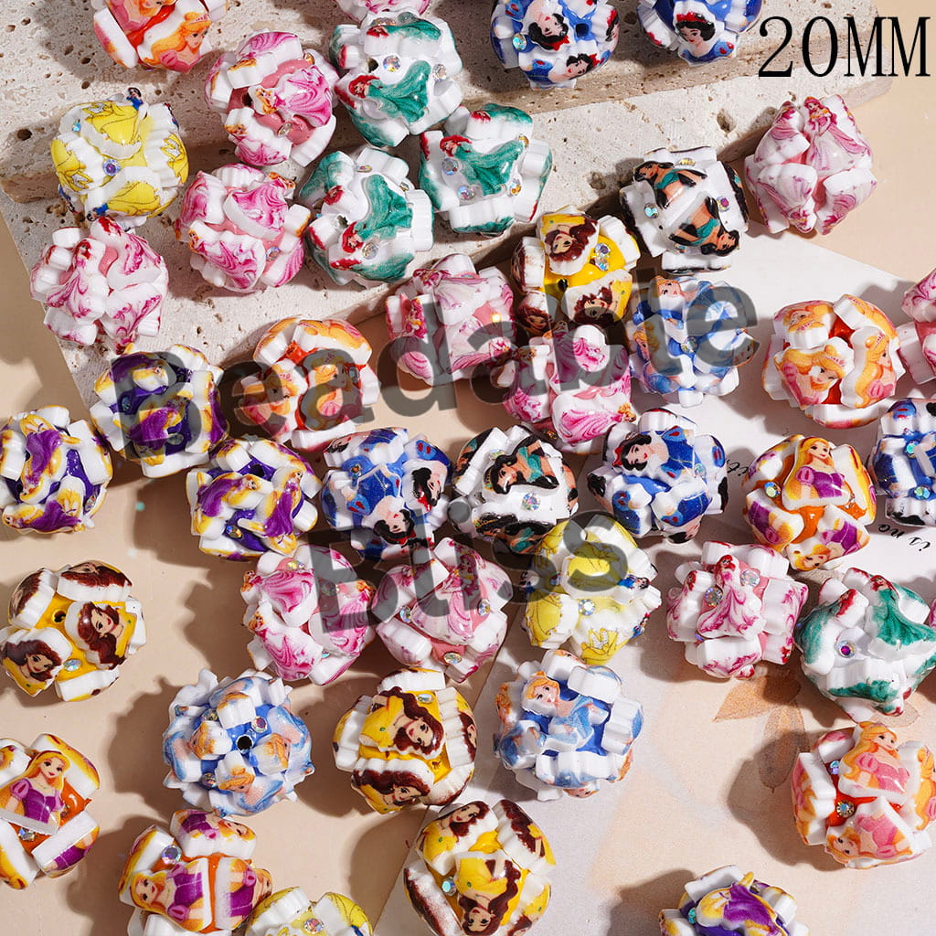 Clay Beads with Classic Animation Pretty Princess Character and AB Rhinestones, 20MM Multi-Color