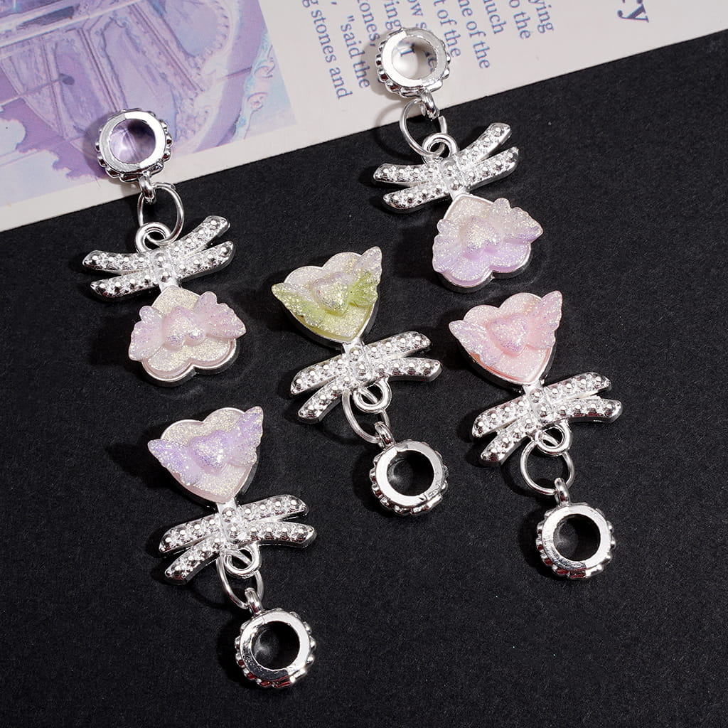 Silver Alloy Bail Loop Beads, Charm Pendants Dragonfly Wings Heart with Shiny Heart & Angel Wings, Random Mix