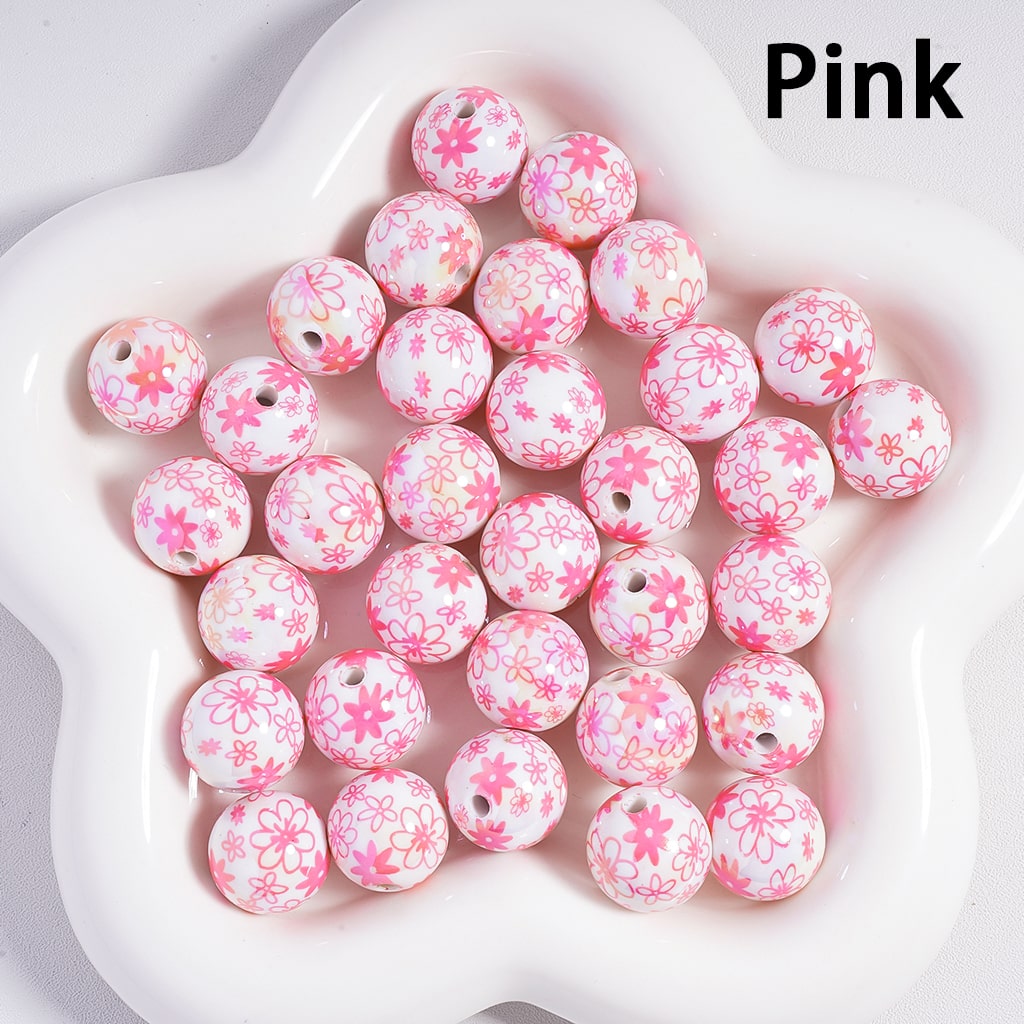 UV Coating Flowers in Assorted Colors Print Round Acrylic Beads Random Mix 16MM