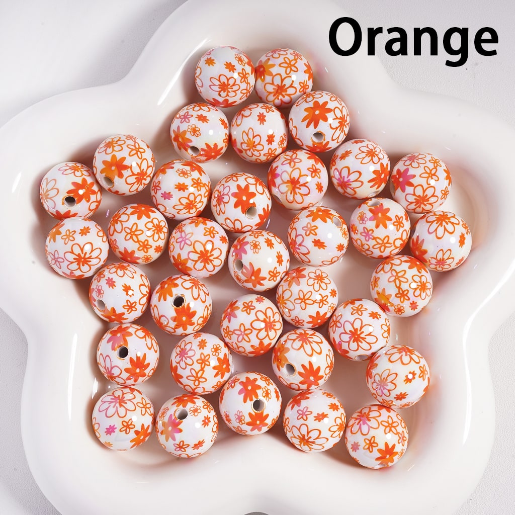 UV Coating Flowers in Assorted Colors Print Round Acrylic Beads Random Mix 16MM