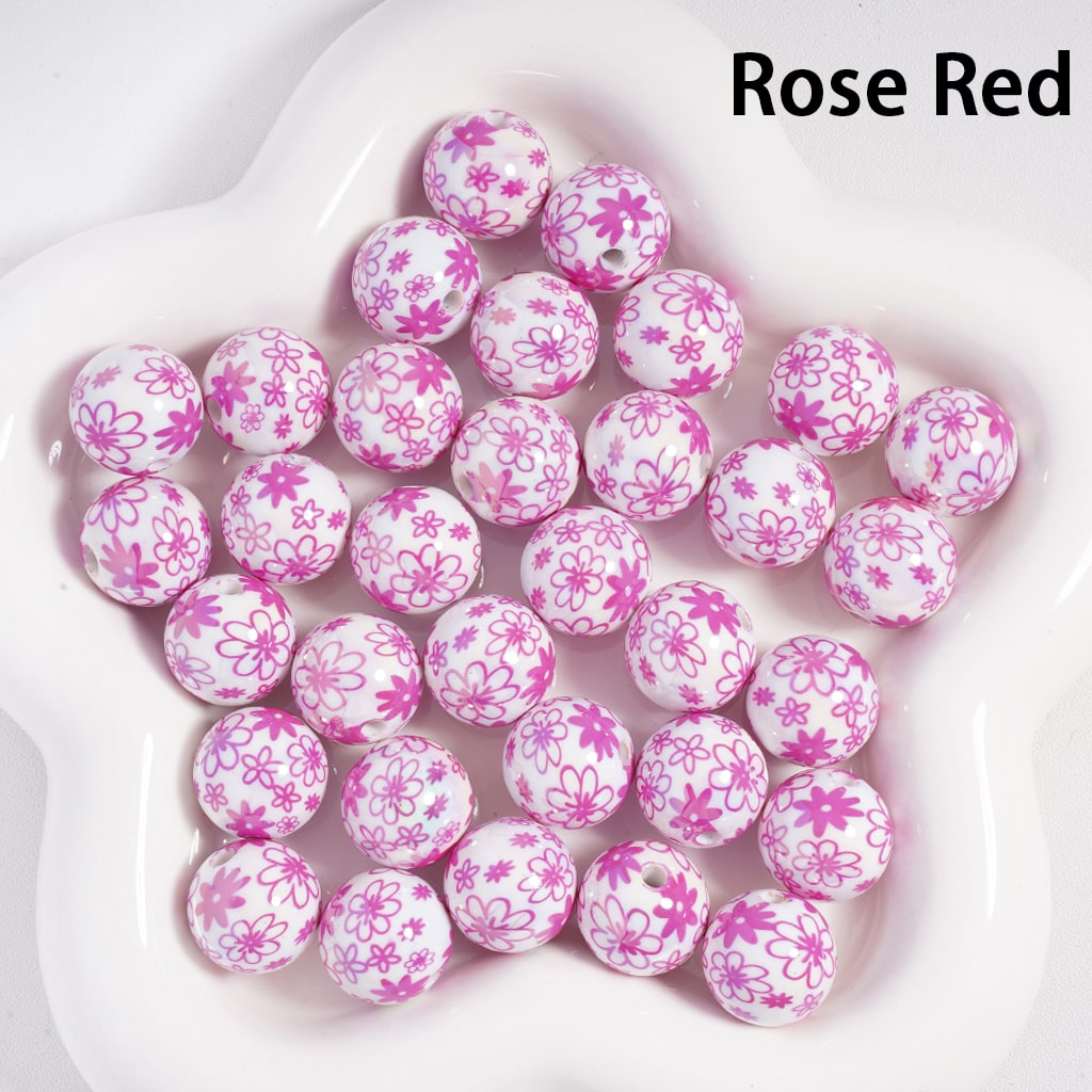 UV Coating Flowers in Assorted Colors Print Round Acrylic Beads Random Mix 16MM