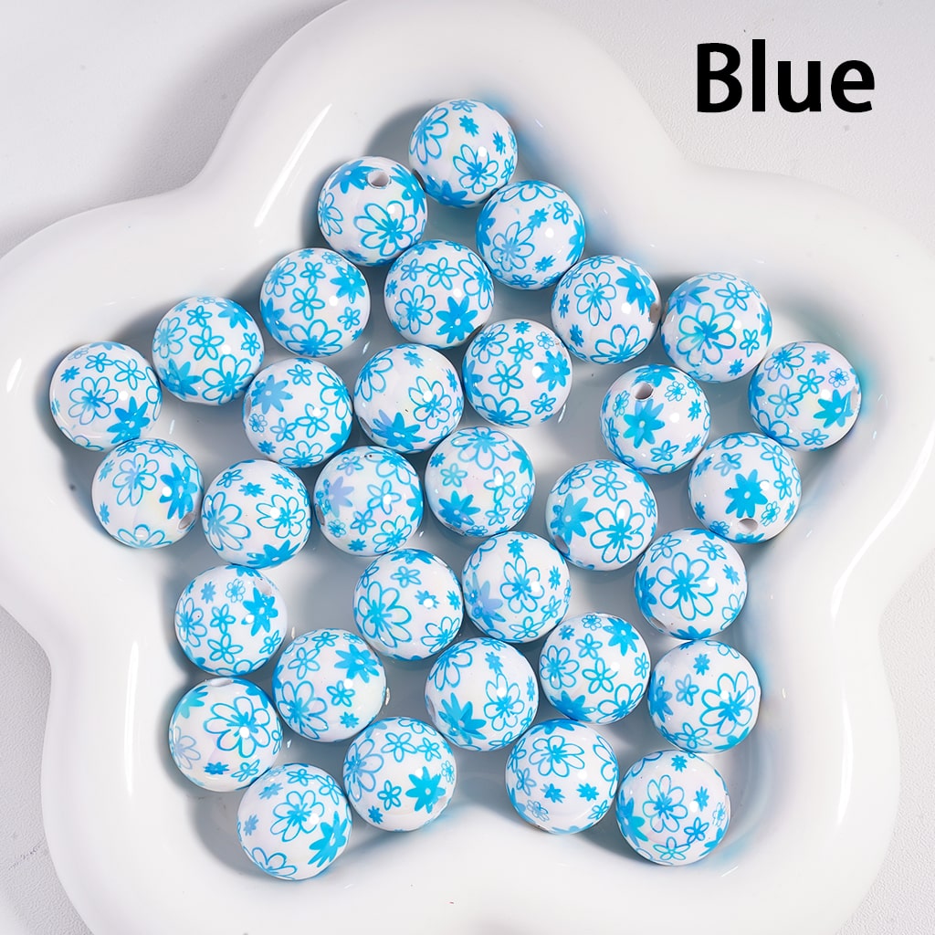 UV Coating Flowers in Assorted Colors Print Round Acrylic Beads Random Mix 16MM