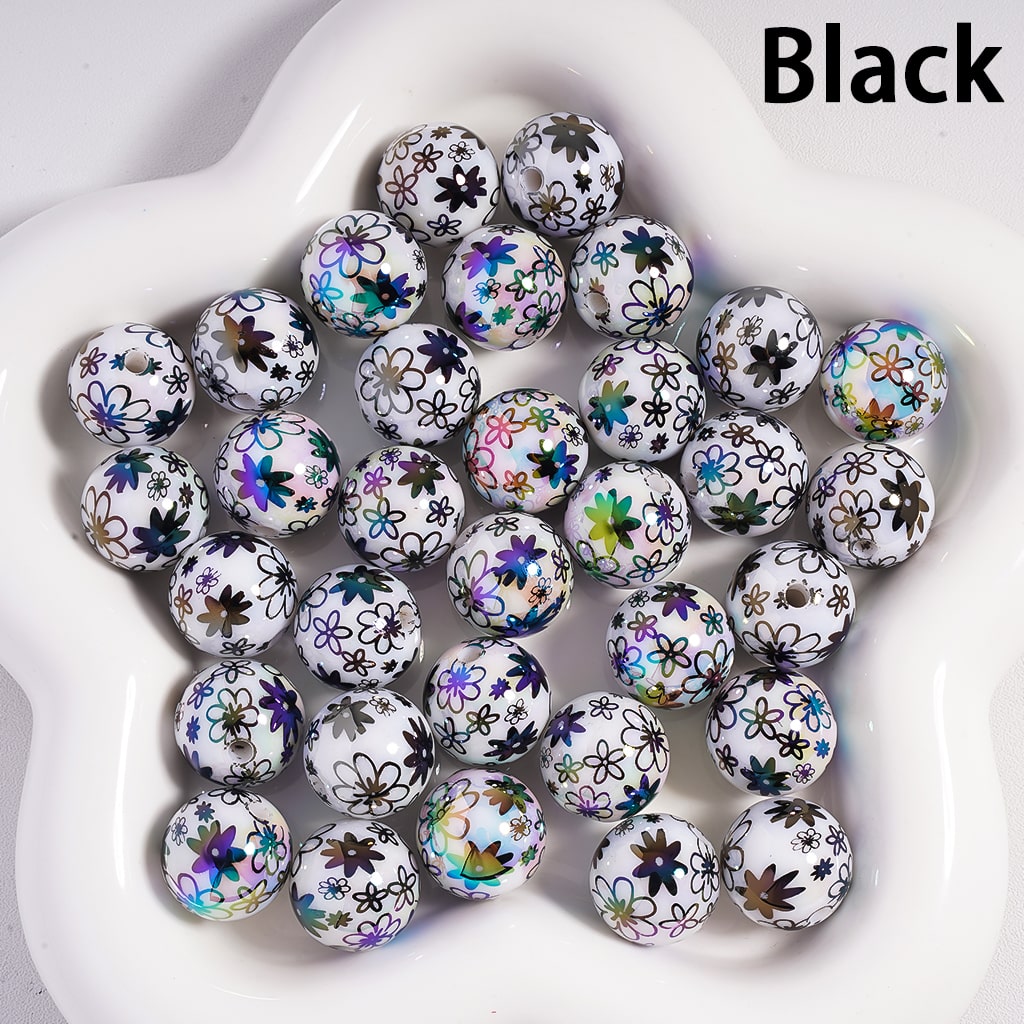 UV Coating Flowers in Assorted Colors Print Round Acrylic Beads Random Mix 16MM