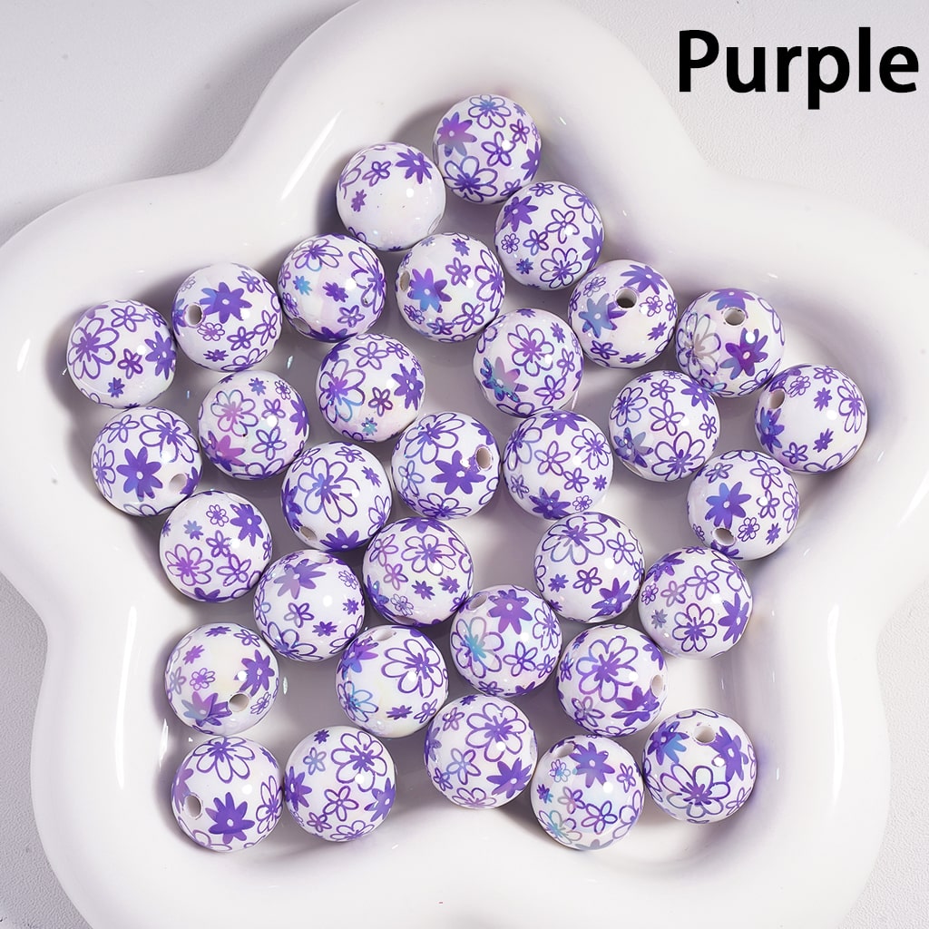 UV Coating Flowers in Assorted Colors Print Round Acrylic Beads Random Mix 16MM