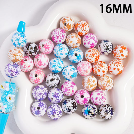 UV Coating Flowers in Assorted Colors Print Round Acrylic Beads Random Mix 16MM