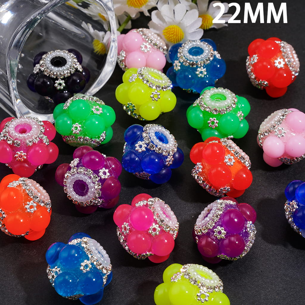 Handcrafted Acrylic Beads with Half Faced Pearls & Silver Metal Flowers, Clear Rhinestone & White Pearl Chains, Neon, 22MM, Random Mix