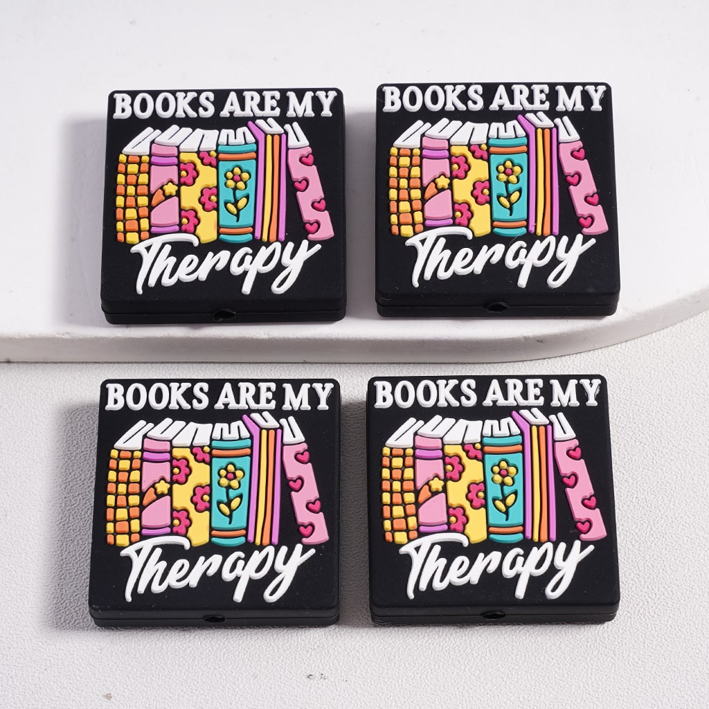 Books Are My Therapy Flat Black Square Silicone Focal Beads