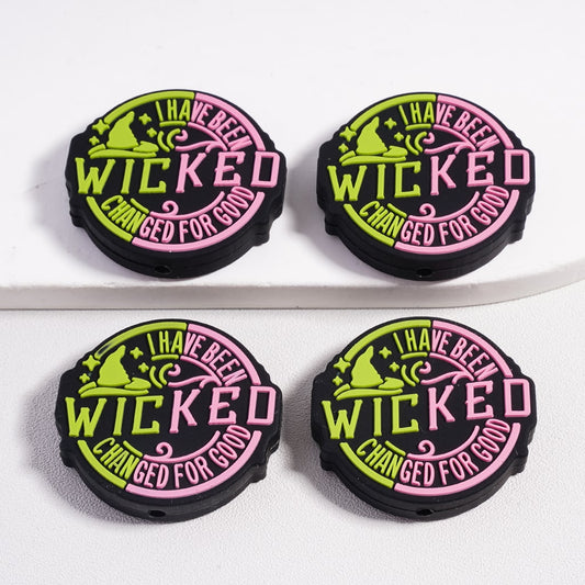 Halloween Wizard Hat in Pink & Green with Stars “I Have Been Wicked Change for Good”, Flat Round Shape Silicone Focal Beads