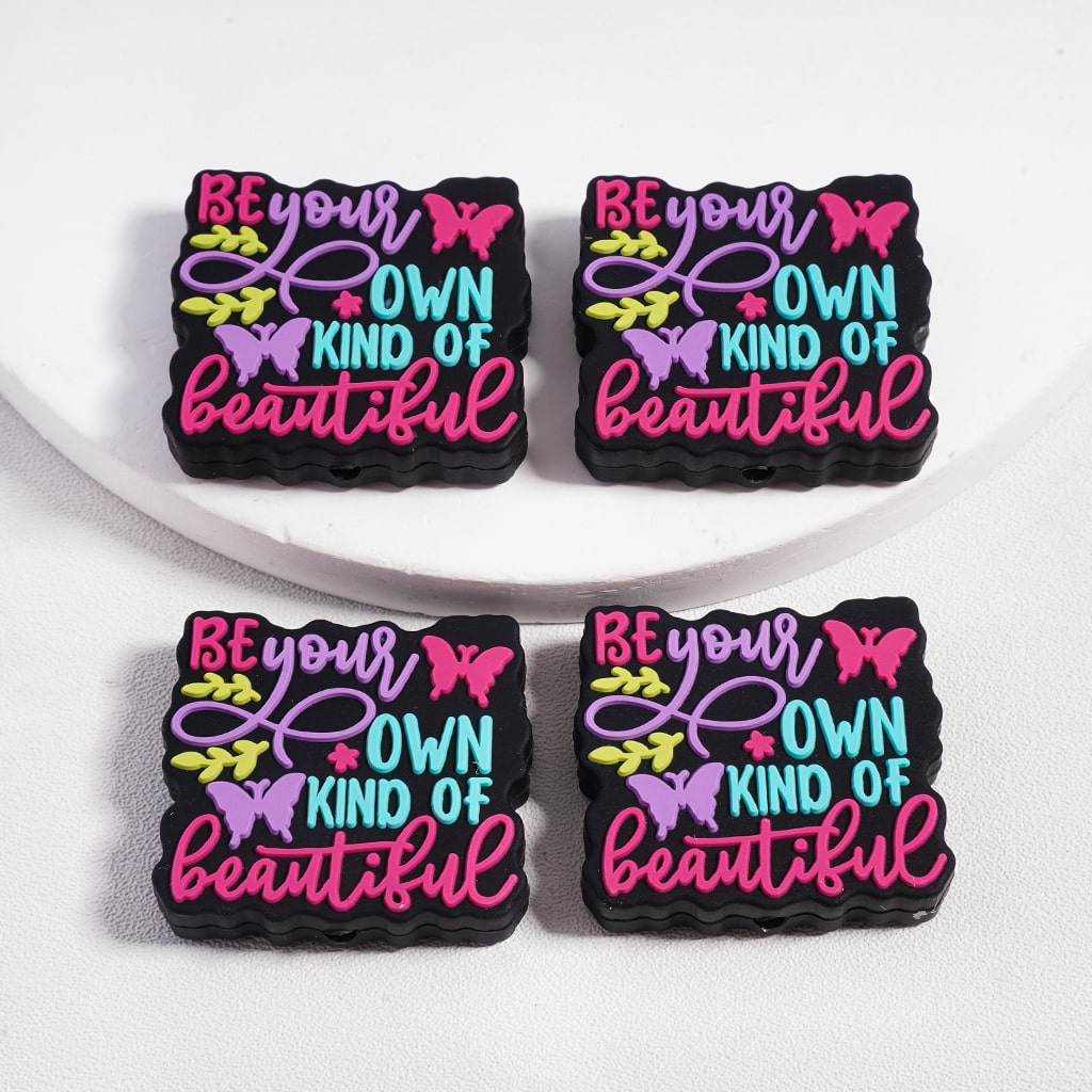 Green Tree Leaves with Pink & Purple Butterflies Be Your Own Kind of Beautiful Silicone Focal Beads