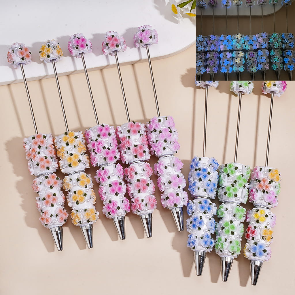 Beadable Clay Pens with Three Flowers Leaves and White Pearls, Multi-Color, Random Mix