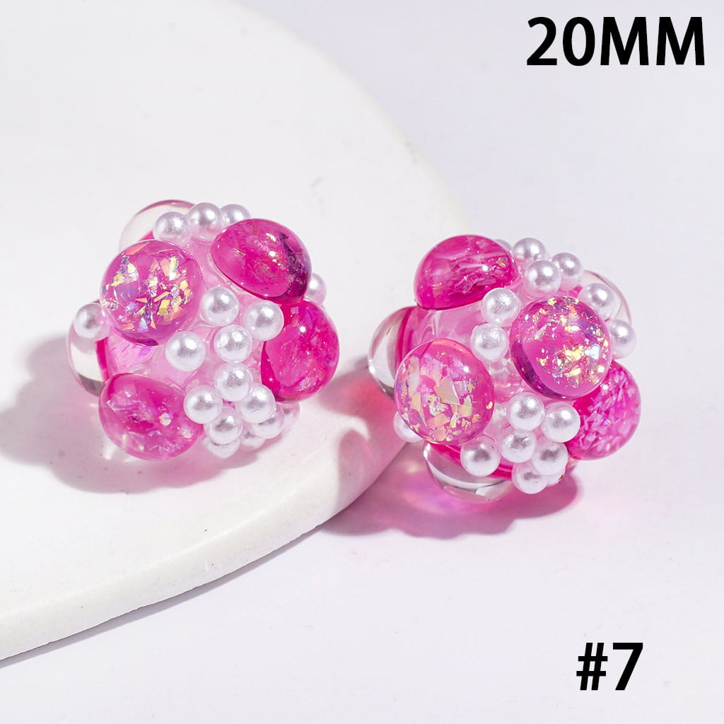 Half-Faced Round Clear Rhinestones with Shiny Sequins & White Pearl Accents, Handmade Acrylic Beads, 20MM, Multi-Color