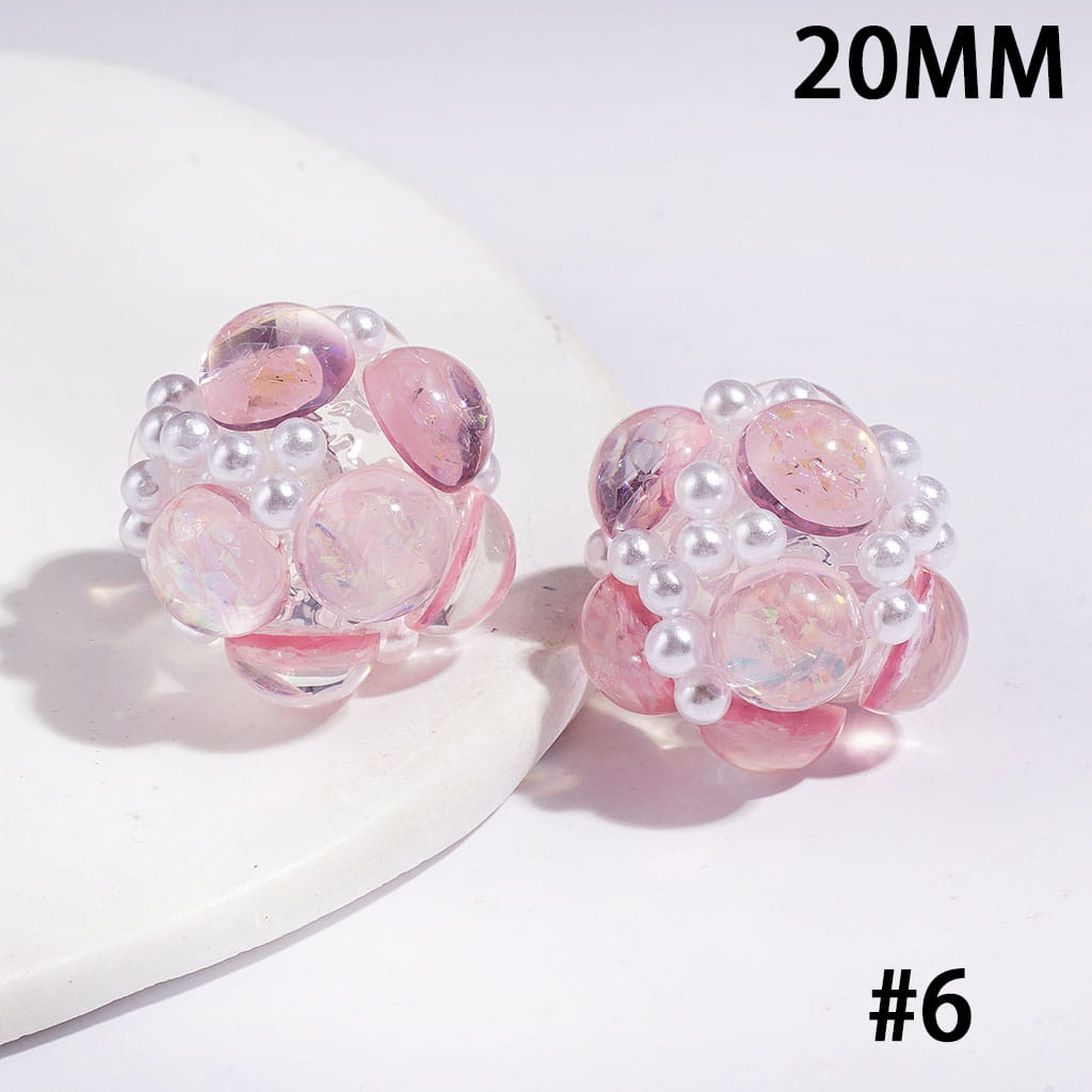 Half-Faced Round Clear Rhinestones with Shiny Sequins & White Pearl Accents, Handmade Acrylic Beads, 20MM, Multi-Color