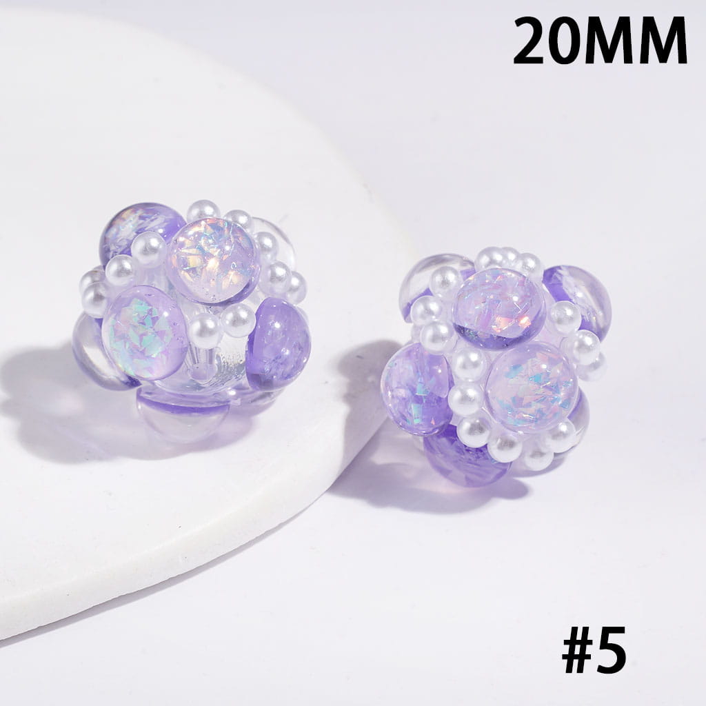 Half-Faced Round Clear Rhinestones with Shiny Sequins & White Pearl Accents, Handmade Acrylic Beads, 20MM, Multi-Color