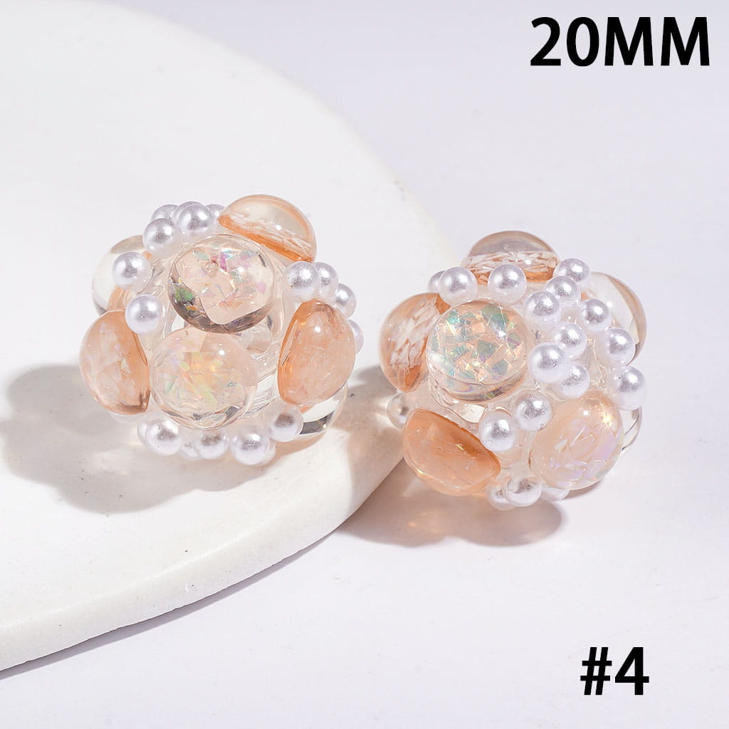 Half-Faced Round Clear Rhinestones with Shiny Sequins & White Pearl Accents, Handmade Acrylic Beads, 20MM, Multi-Color
