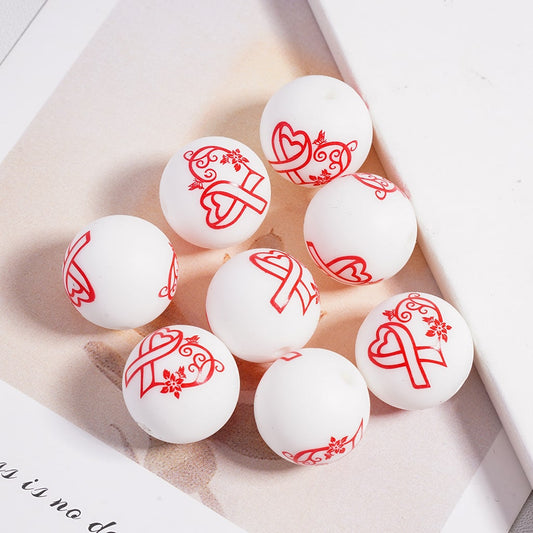 Red Heart & Ribbon Butterfly Flower Leaves Printed Valentine’s Day Round Silicone Beads