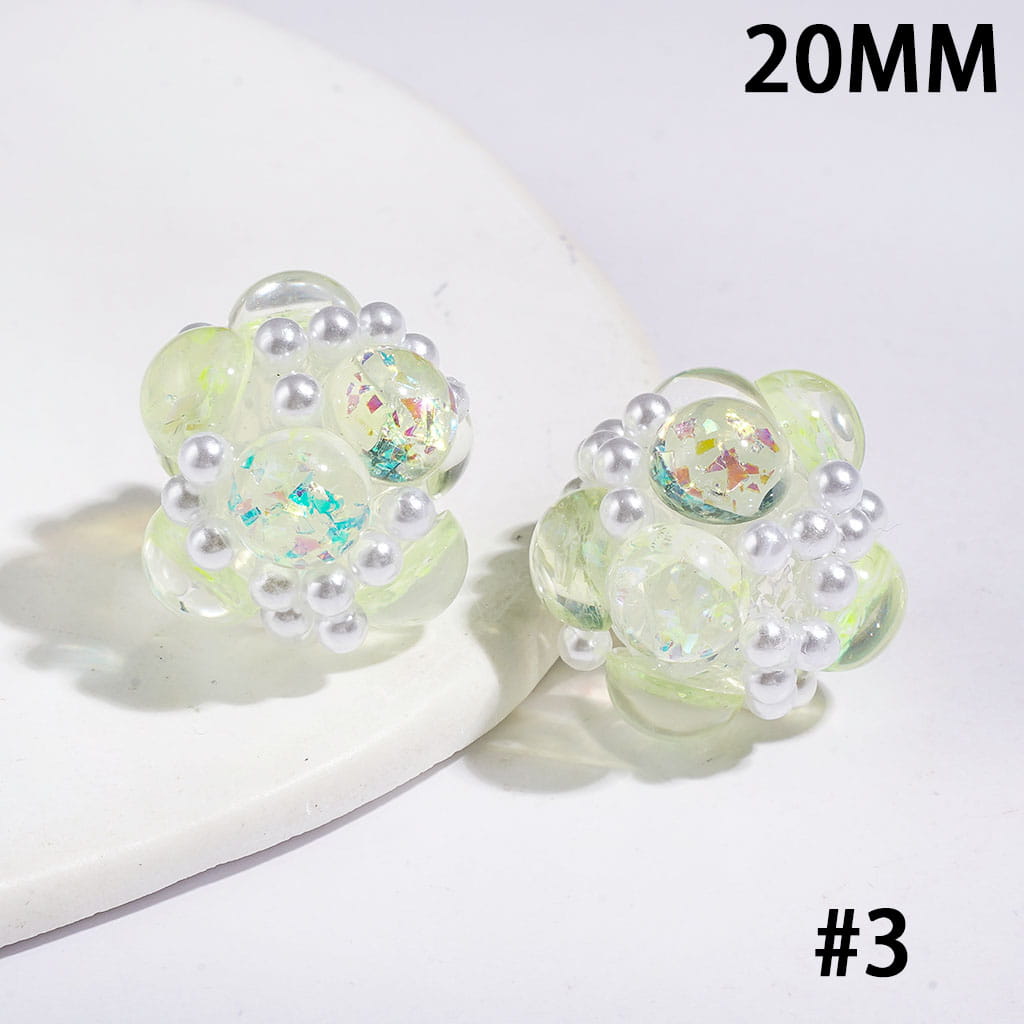 Half-Faced Round Clear Rhinestones with Shiny Sequins & White Pearl Accents, Handmade Acrylic Beads, 20MM, Multi-Color
