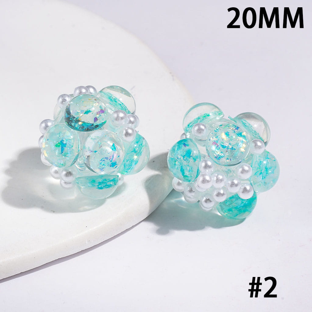 Half-Faced Round Clear Rhinestones with Shiny Sequins & White Pearl Accents, Handmade Acrylic Beads, 20MM, Multi-Color