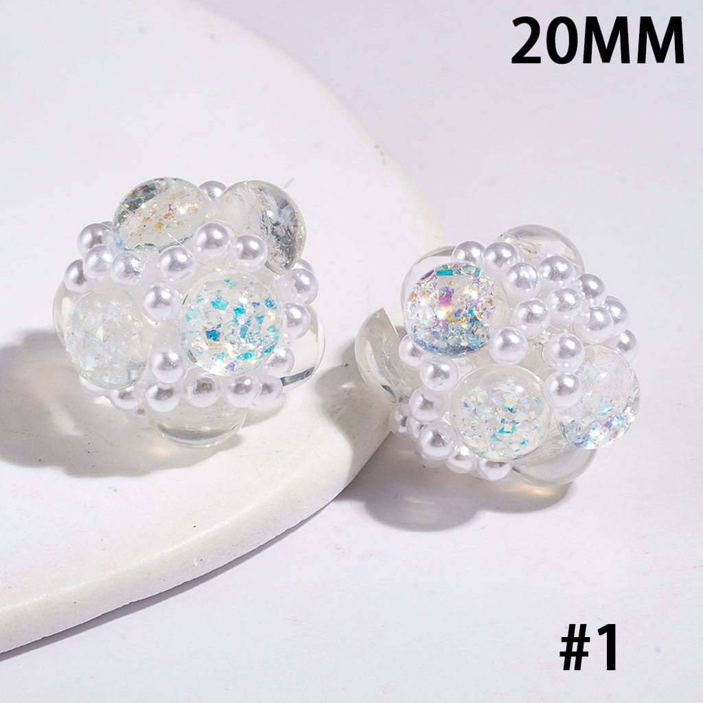 Half-Faced Round Clear Rhinestones with Shiny Sequins & White Pearl Accents, Handmade Acrylic Beads, 20MM, Multi-Color