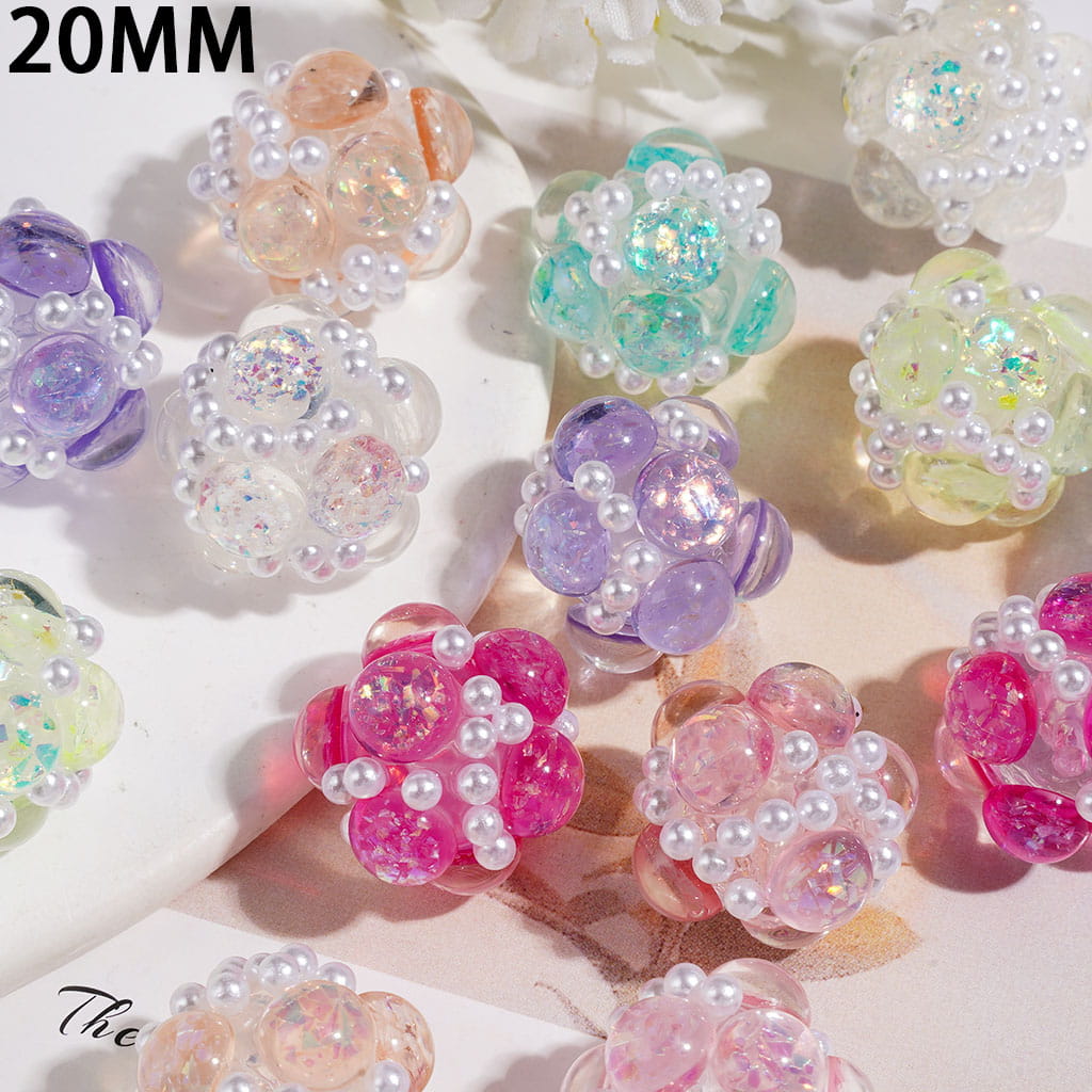 Half-Faced Round Clear Rhinestones with Shiny Sequins & White Pearl Accents, Handmade Acrylic Beads, 20MM, Multi-Color