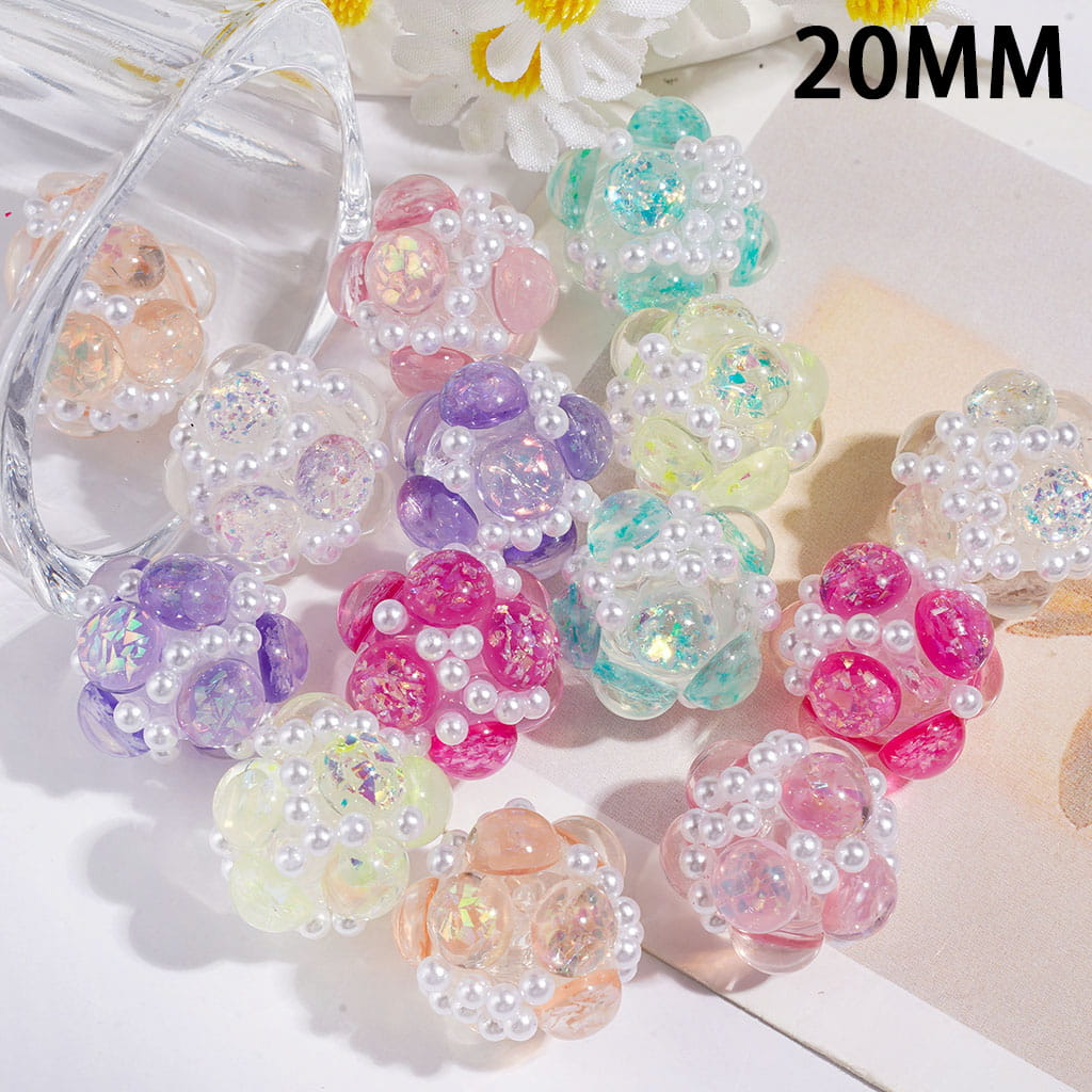 Half-Faced Round Clear Rhinestones with Shiny Sequins & White Pearl Accents, Handmade Acrylic Beads, 20MM, Multi-Color
