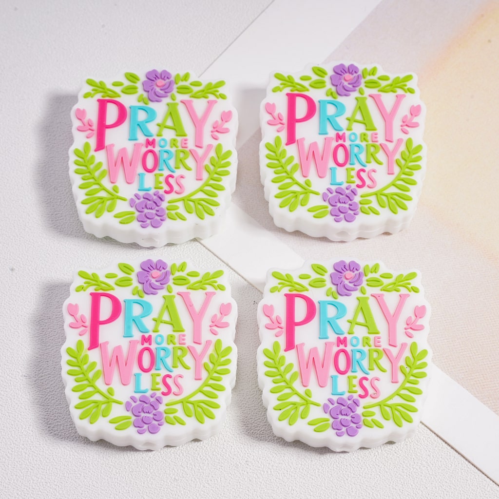 Cute Flowers and Leaves Design Pray More Worry Less Silicone Focal Beads