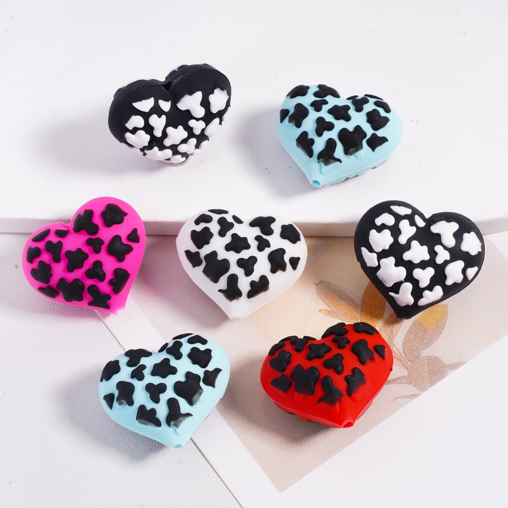 3D Heart with Cow Print Black & White Silicone Focal Beads