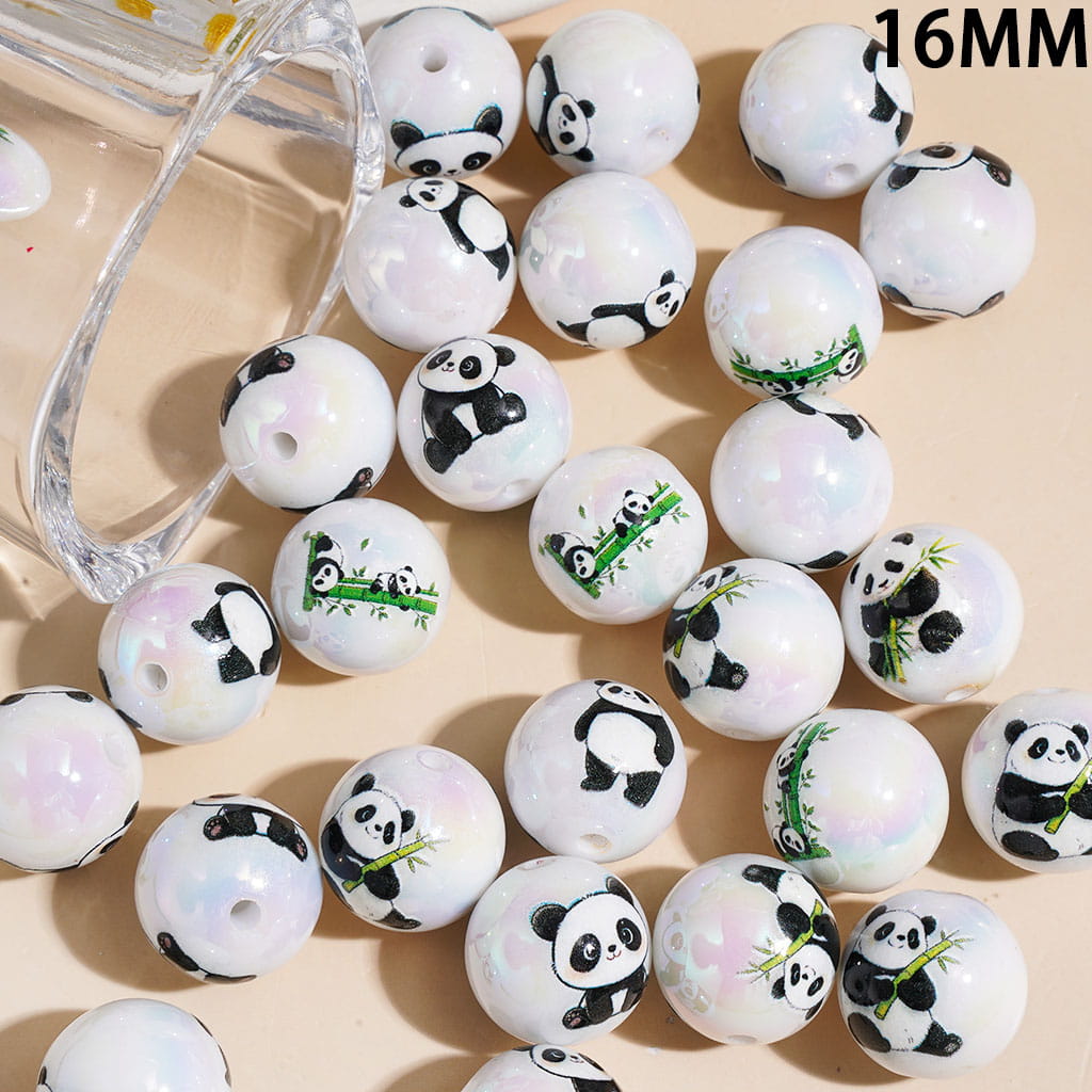 UV Coating Cute Panda Prints Round Acrylic Beads for Bracelets, 16MM, Random Mix